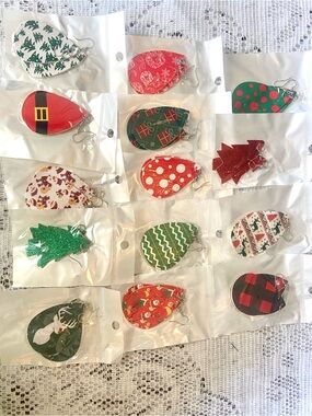 14 Pairs Christmas Leather Teardrop & Tree Earrings Sets - Stocking stuffer Gift